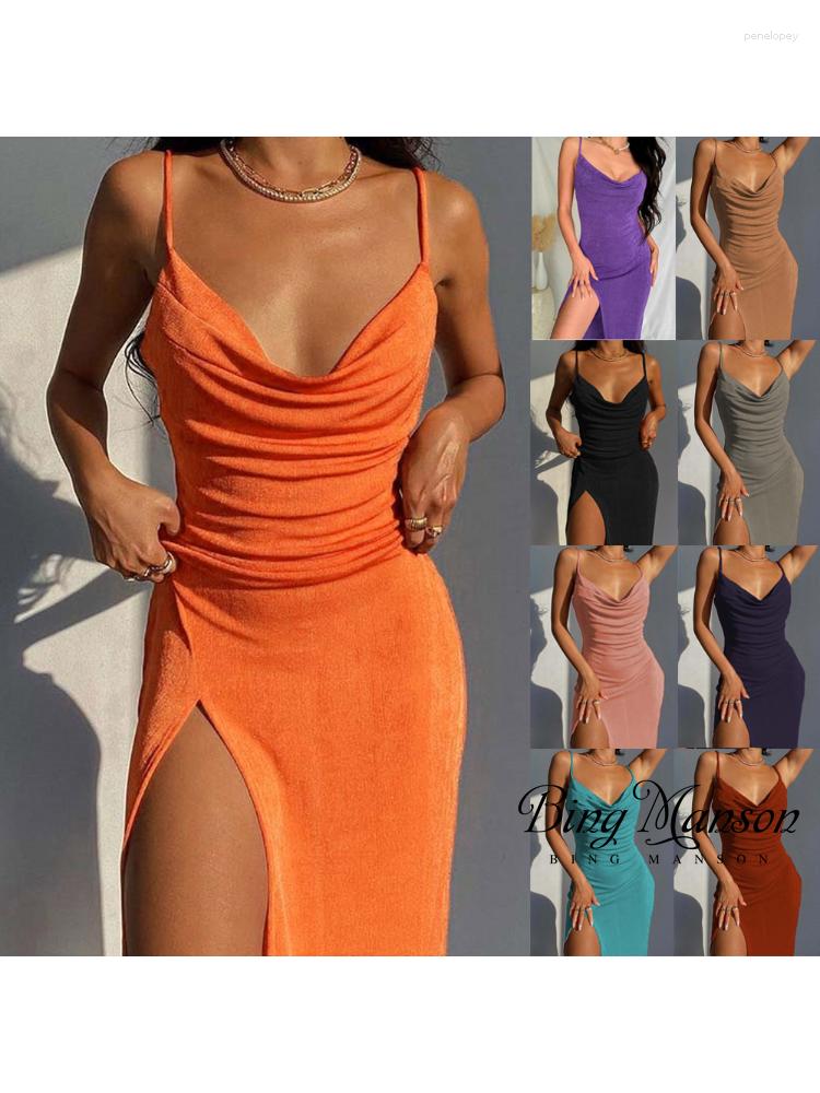 

Casual Dresses 2023 Summer Dress Fashion Women's Style Temperament Sexy Smooth Knitted Split Solid Color Sling Maxi Streetwear, Lake blue