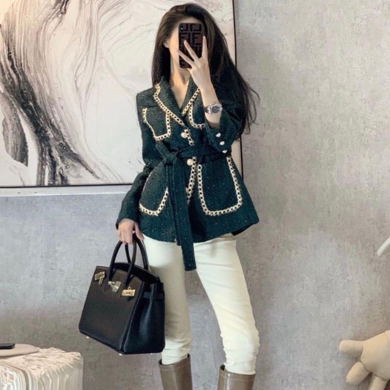 

Women's Jackets Tweed Women Autumn Winter Fashion Vintage Waist In Suit Female Patchwork Coats Chic Office Lady Outfit Clothes U805, Green