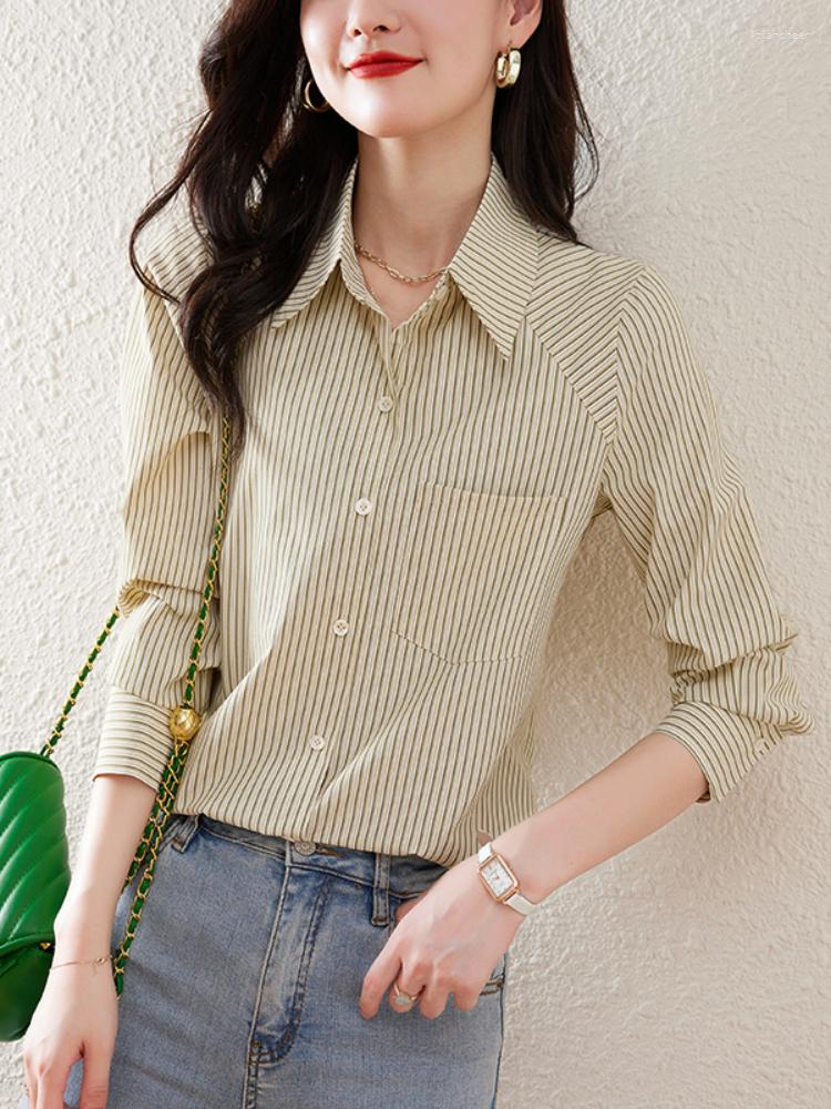 

Women's Blouses Fashion Woman 2023 Striped V-neck Women Shirt Chiffon Solid Long Sleeve Blouse Basic Ladies Tops Female Clothing, Green