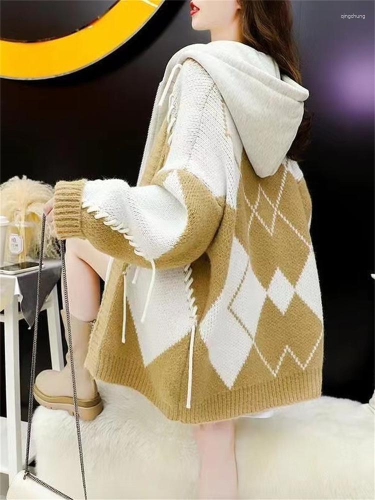 

Women's Knits Hsa Oversize Cardigan For Women Argyle Hooded Sweatshirt Casual Loose Korean Fashion Jumper Tether Sweater Chic Knitted Coat, Zhab0570 grey