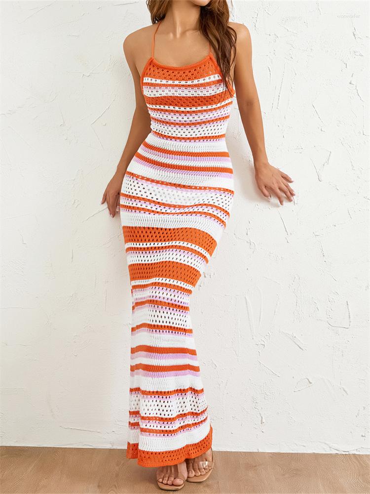 

Casual Dresses Women Color Stripe Knitted Long Dress Spaghetti Strap Backless Hollow Out Bodycon Summer Beach Sexy Chic Y2K, Orange