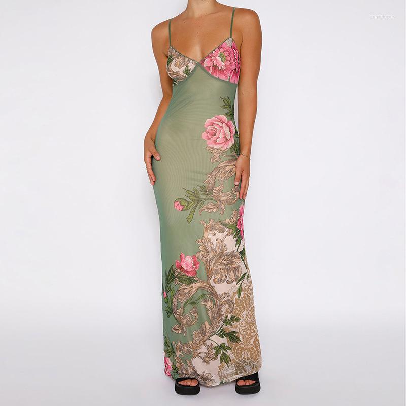 

Casual Dresses Vintage Spaghetti Strap V Neck Print Floral Dress Chinese Style Women Long Bodycon Summer Slim Backless Holiday Sundress, Blue