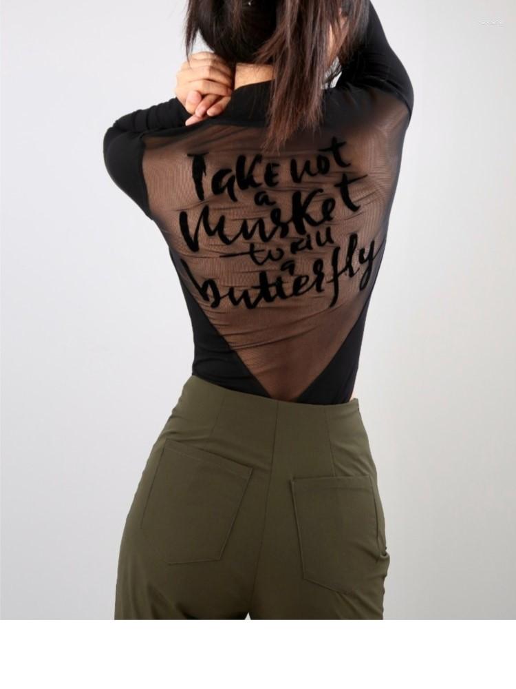 

Women's T Shirts Beautiful Back One-Piece Top Women's Black Flocked Letter Perspective Stitching High-Neck Long Sleeve Jumpsuit T-shirt