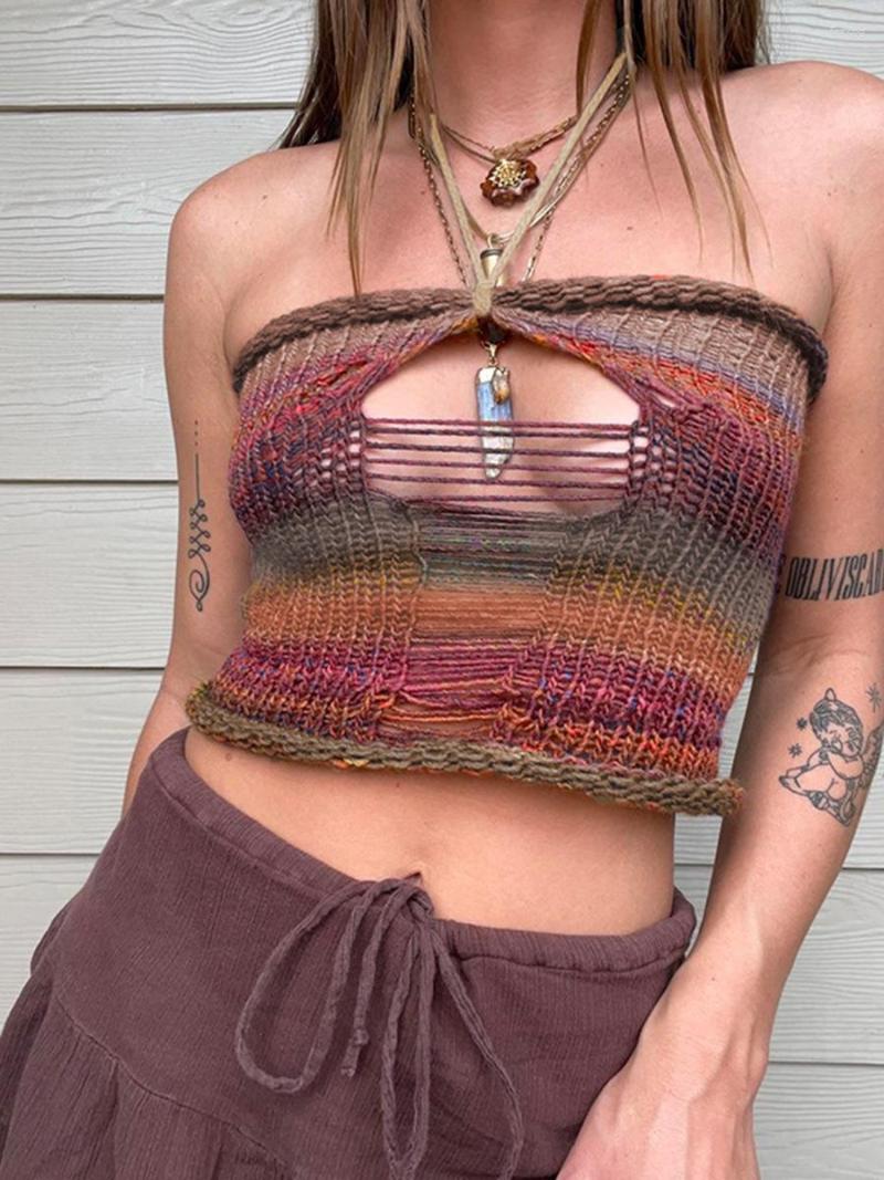 

Women' Tanks 2023 Summer Women' Knitted Crochet Tank Tops Hole Hollow Hanging Neck Backless Slim Crop 2000s Clothes Y2k Camis, Brown