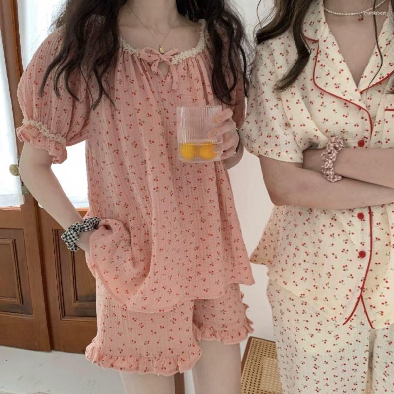

Women's Sleepwear Cotton Crepe 3 Colors Pajamas Women Spring Summer Love Print Homewear Set Simple Fresh Two Piece Female Home Suits, Pink
