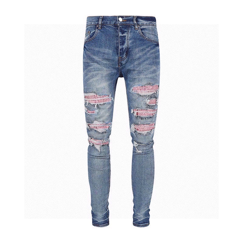 

Amir2023 brand Mens black jeans Designers Brand logo broken hole skinny denim runway skeleton vintage pink diamond, Blue