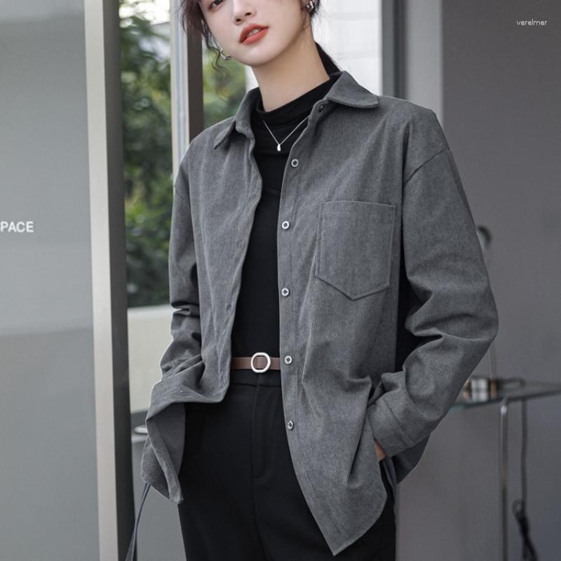

Women' Blouses Vintage Pocket Shirts 2023 Women Long Sleeve Blouse Autumn And Winter Thickened Corduroy Shirt Korean Loose Solid Clothes, Gray