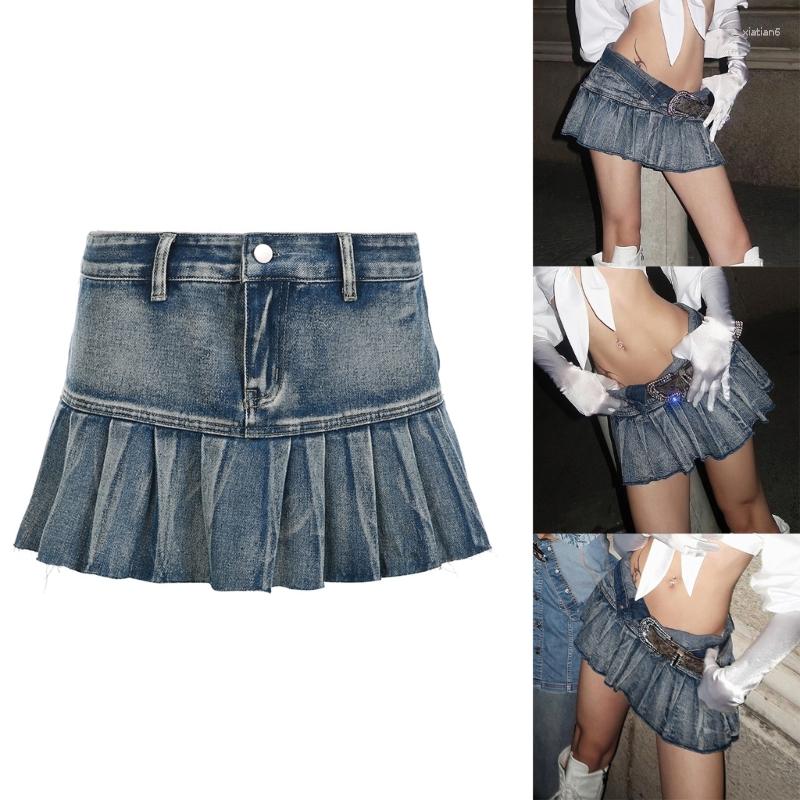 

Skirts Vintage Washed Denim Pleated Skirt Women Y2K Low Waist Ruffle Hem Distressed Mini Girls Summer Nightclub Streetwear, As picture shown
