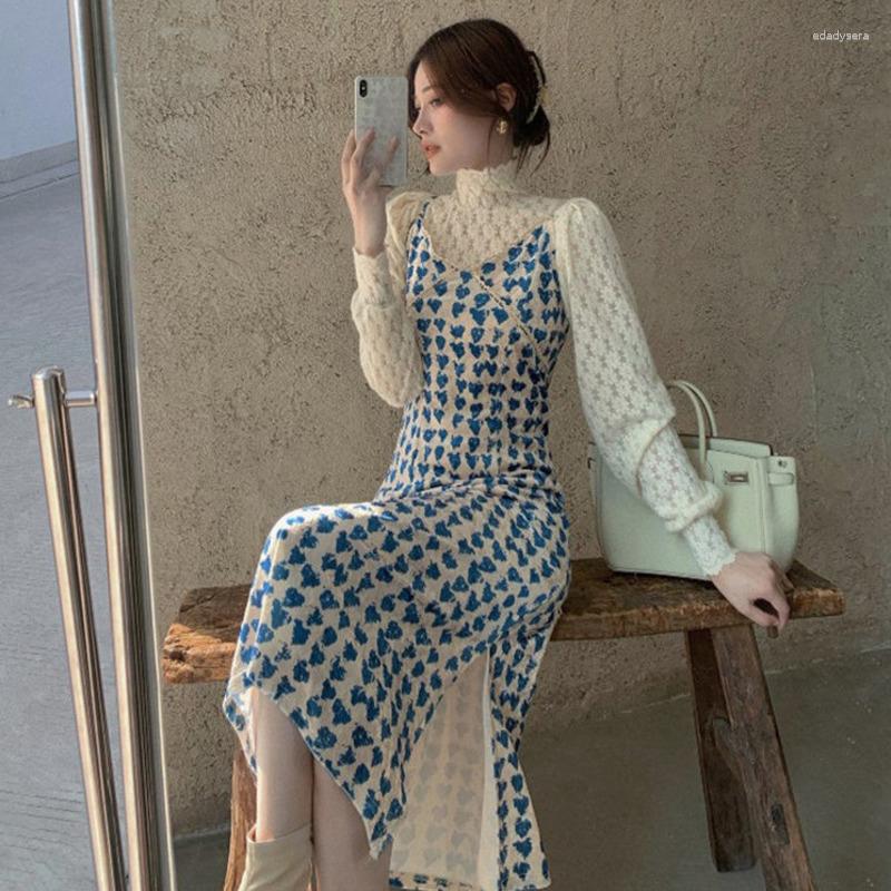 

Casual Dresses Leiouna Blue Party Long Sexy Dress Women Lace Vestido Vintage Harajuku Through Transparent Mesh Two Piece Suits, Lace top