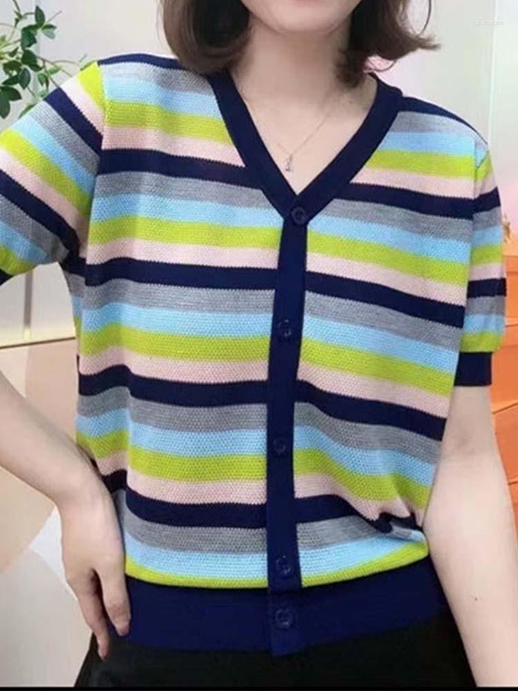 

Women's T Shirts Casual Striped Knit Shirt Loose Short Sleeved Top 2023 Summer Fashionable Clothing, Image color