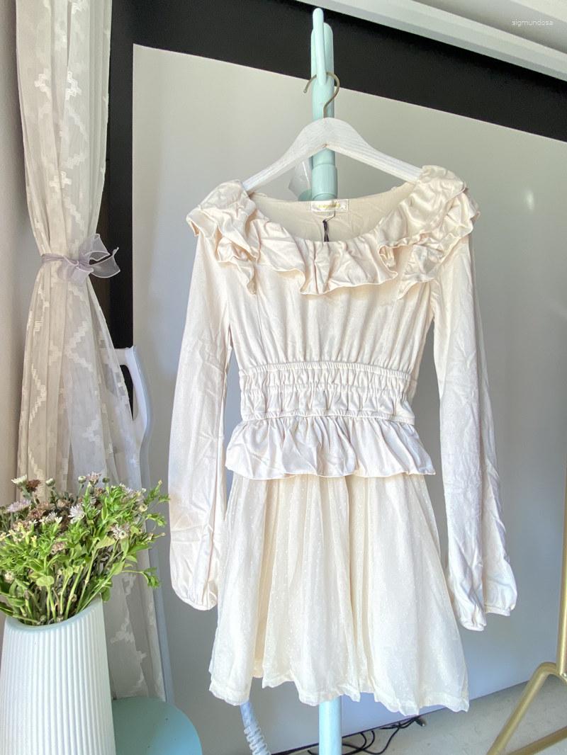 

Casual Dresses Sales Japan Style Suede And Lace Mesh Long Sleeve Mini Dress, Beige