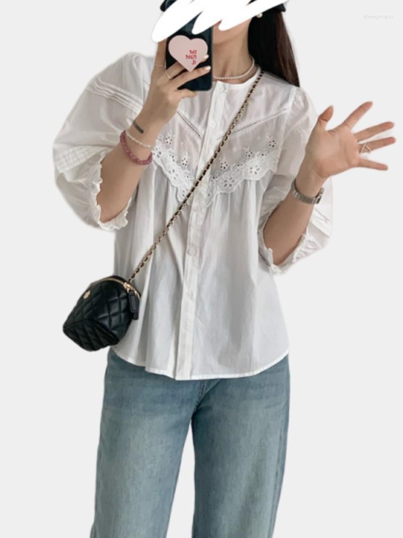 

Women's Blouses White Thin Cotton Embroidery Blouse Women 2023 Summer Prairie Chic Three Quarter Sleeve Loose Casual Basic Button Top Girls