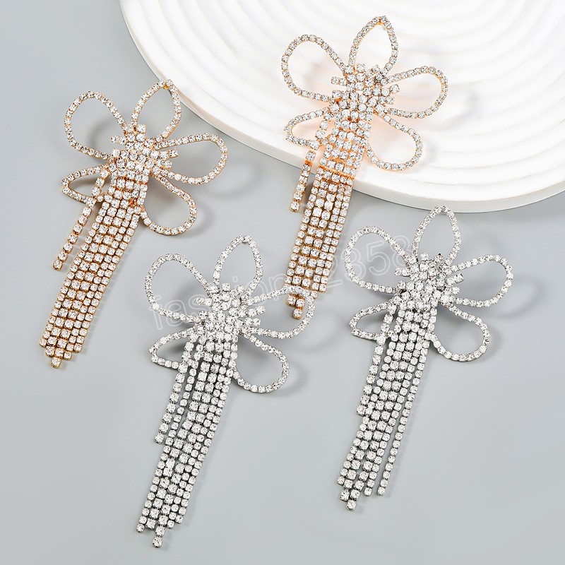 

Metal Rhinestone Flower Tassel Dangle Earrings Bridal Engagement Statement Earrings Women's Elegant Jewelry Gift