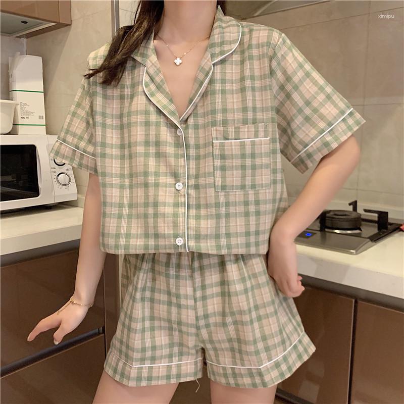 

Women' Sleepwear Summer Soft Women Plaid Pajamas Sets Short Sleeve Turn Down Collar Pocket Pyjama Simple Grid Button Casual Green Blue