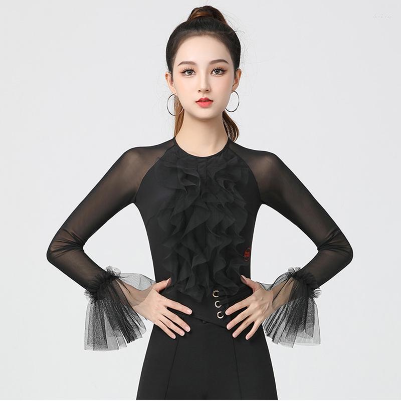

Stage Wear 2012 Round Neck Latin Dance Clothes Women Waltz Tops Sexy Ballroom Leotard Long Sleeves Modern Bodysuit Dancewear, Black