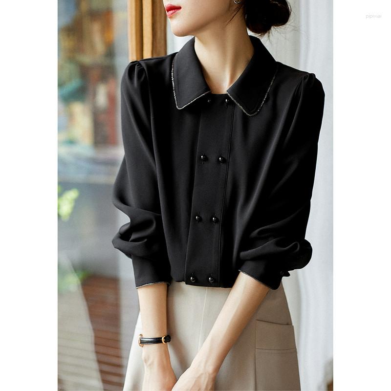 

Women's Blouses Black Chiffon Women Shirts Summer Design 2023 Turn-Down Collar Double Breasted Slim Elegant Office Lady Outwear Tops
