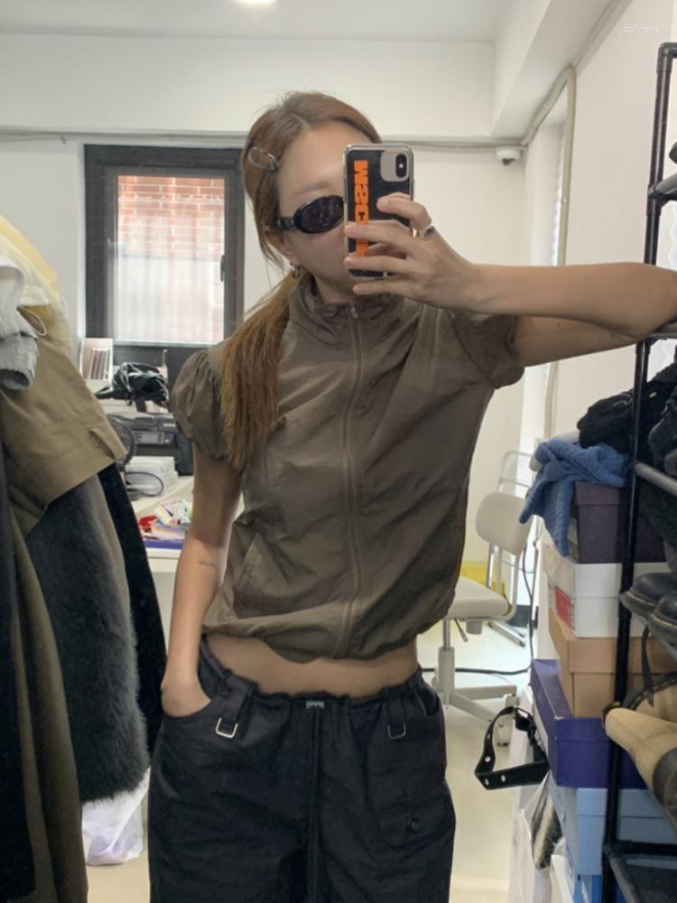 

Women' Jackets Sun Protection Solid Thin Chic Summer Vintage Slim Stand Neck Coat Casual Zipper Y2k Aesthetic Cargo Short Sleeve Coats, Brown