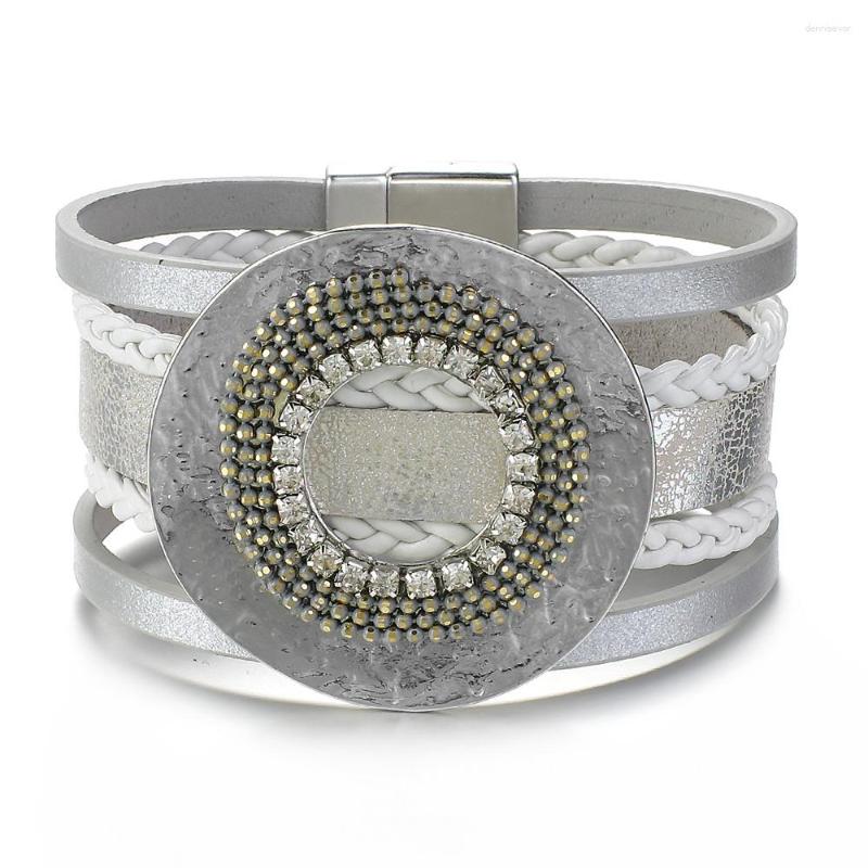 

Charm Bracelets ALLYES Boho Big Disc Inlaid Rhinestone Leather Bracelet For Women Multilayer Braided Wrap Wide Party Jewelry