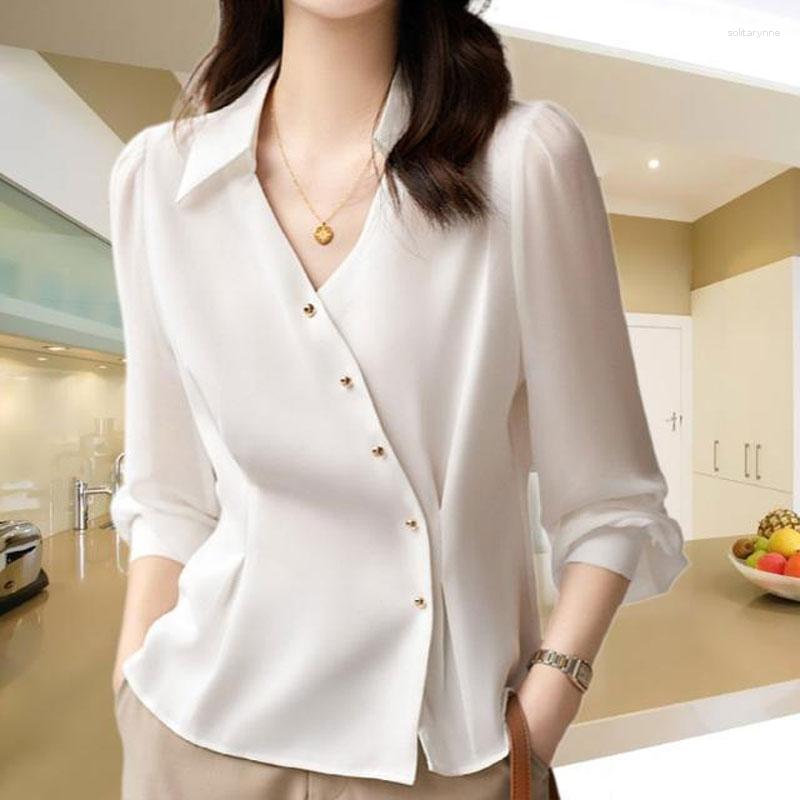 

Women's Blouses Korean Slim Stylish Folds Waist Shirt Elegant Half Open Collar Women's Clothing Single-breasted Spring Summer Long, Black