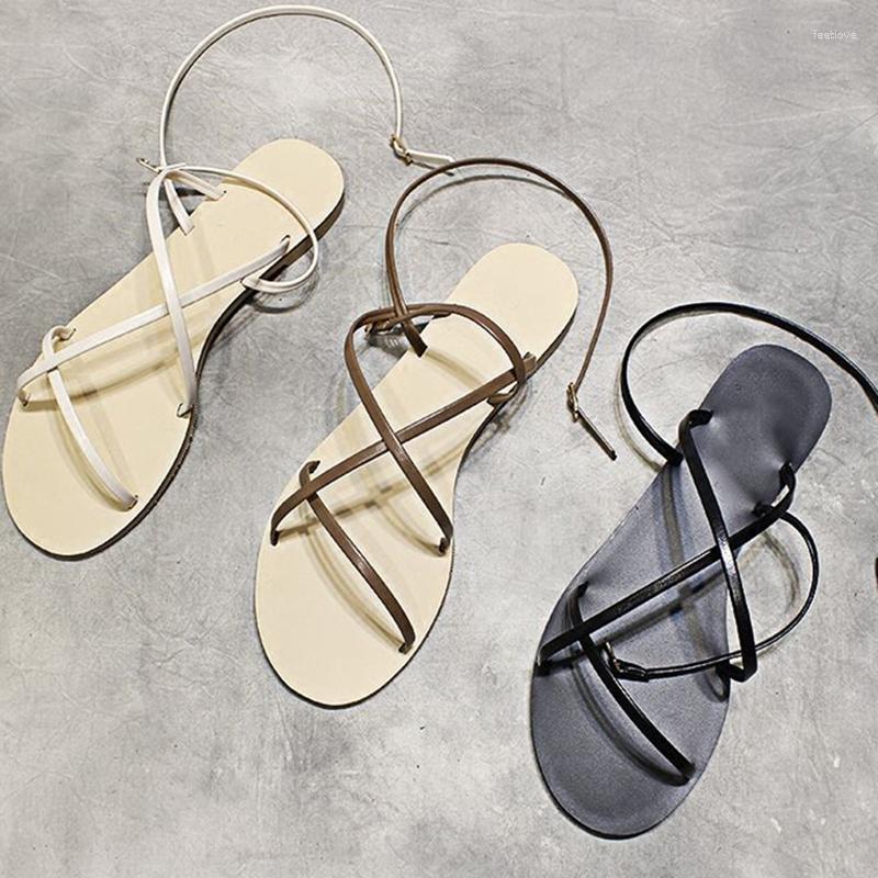 

Sandals 2023 Spring And Summer Fashion Genuine Leather Thin Belt Lace-up Roman Flat Women Solid Simple Casual Shoes, Beige