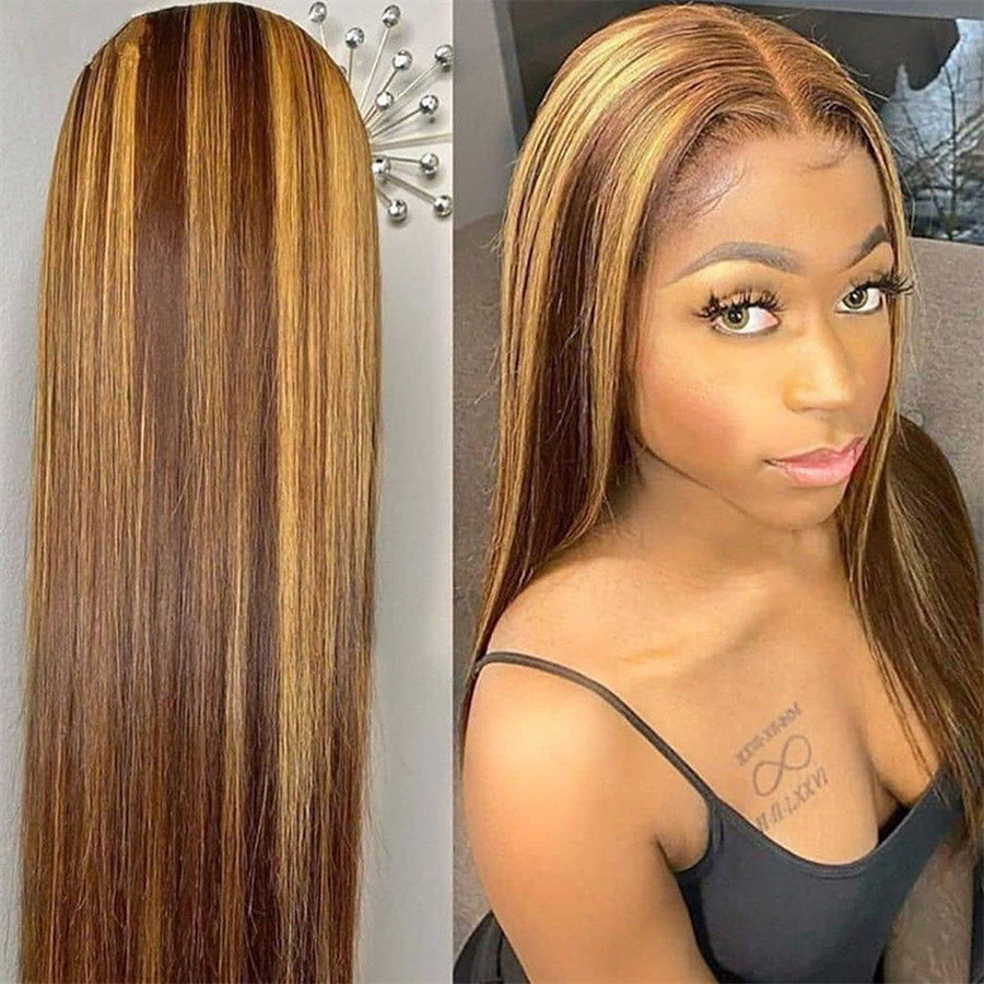 

Straight 13x4 Highlight Wig Human Hair HD Transparent Lace Wigs Honey Blonde Bone Straight Lace Front Human Hair Wigs for Women, Brown