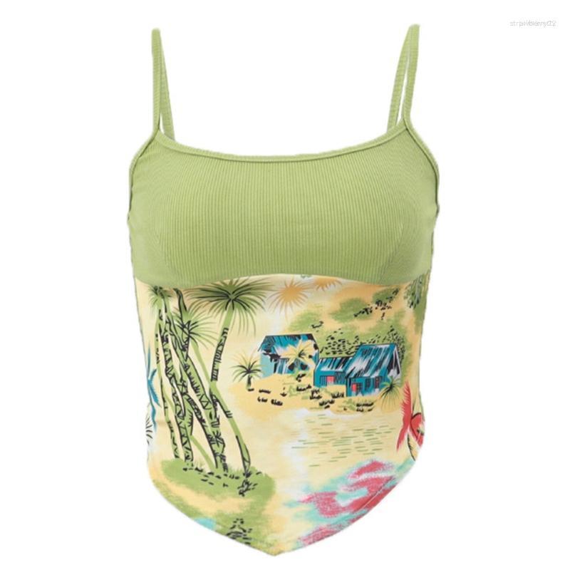 

Women' Tanks Women' Womens Clubs Sleeveless Shirt Landscape Printed Cottons Bodycon Open Back Cropped Camisole Green Vest For Summer