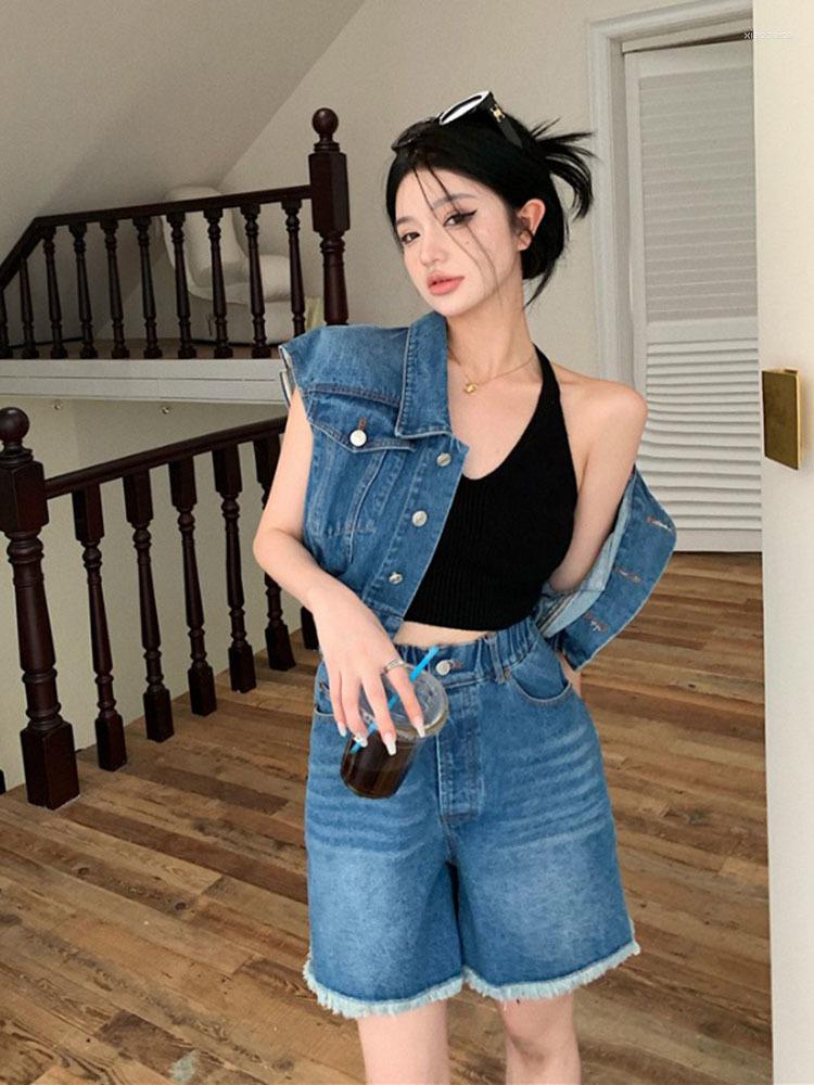 

Women' Tracksuits Women' Spring Summer High-waisted Design Denim Jacket Straight Shorts Fashion Two-piece Set, Blue