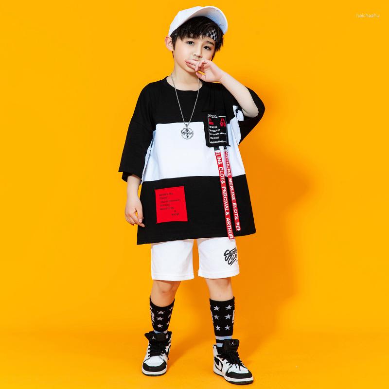 

Stage Wear Kid Kpop Hip Hop Clothing Strap Oversized T Shirt Tee Top Summer Shorts For Girl Boy Jazz Dance Costume Dancing Clothes Set, Black white set