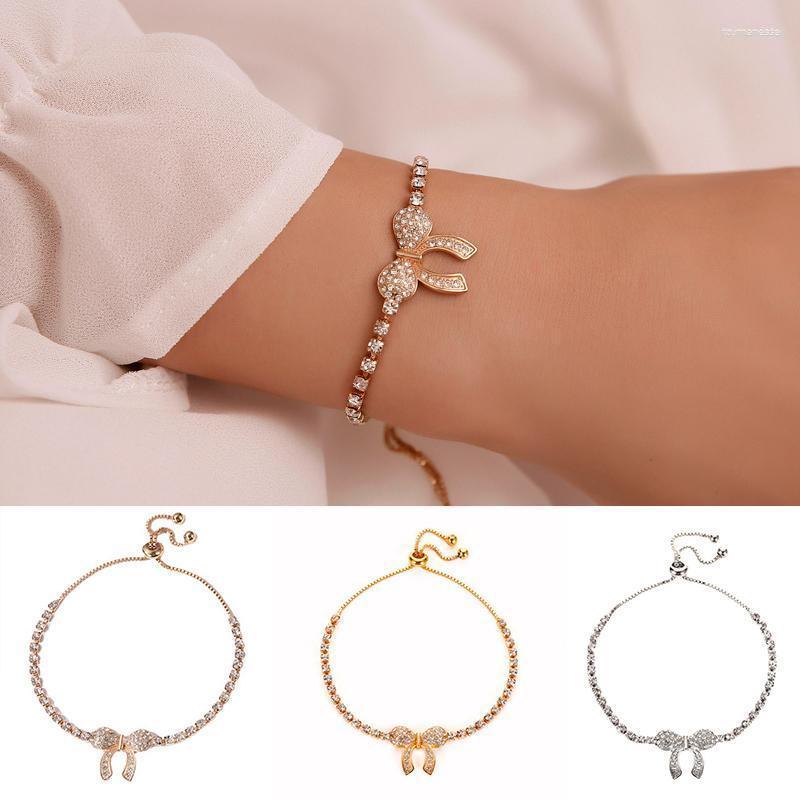 

Link Bracelets Chain Women Alloy Bowknot Design Inlaid Diamonds Fashion Bracelet Adjustable Handmade Gifts D88 Raym22
