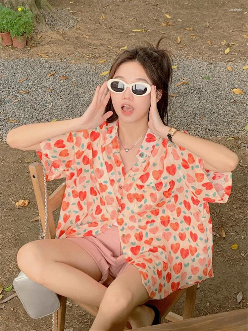 

Women' Blouses Love Print Cotton Women' Blouse Summer Thin Breathable Casual Half Sleeve Cardigan Shirts Loose Sunscreen Clothing Chic, Blue