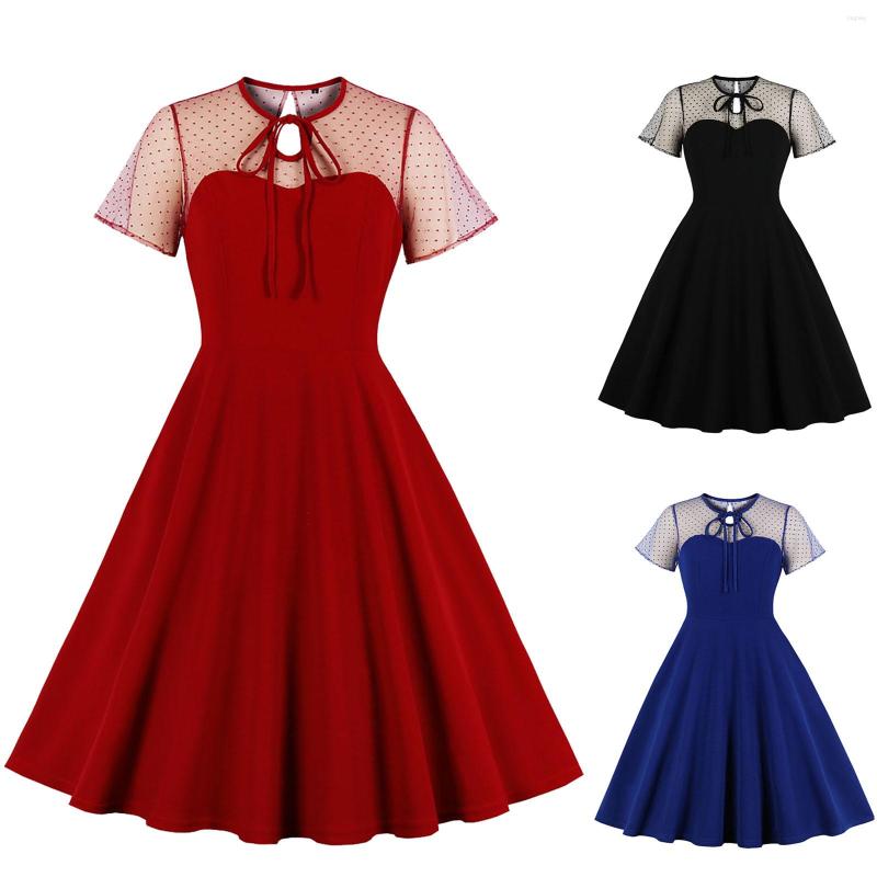 

Party Dresses Women' Fashion Mesh Polka Dot Patchwork Sexy Puffy Skirt Swing Vintage Hollow Out A Line Slim Ladies Dress, Black