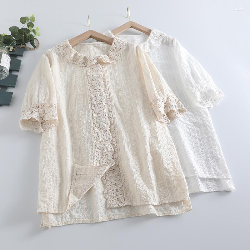 

Women's Blouses Japan Style In Hook Flower Lace Crochet Short Sleeve Shirt Cotton Embroidery Solid Color Women Tops Mujer Casual Cute, Beige