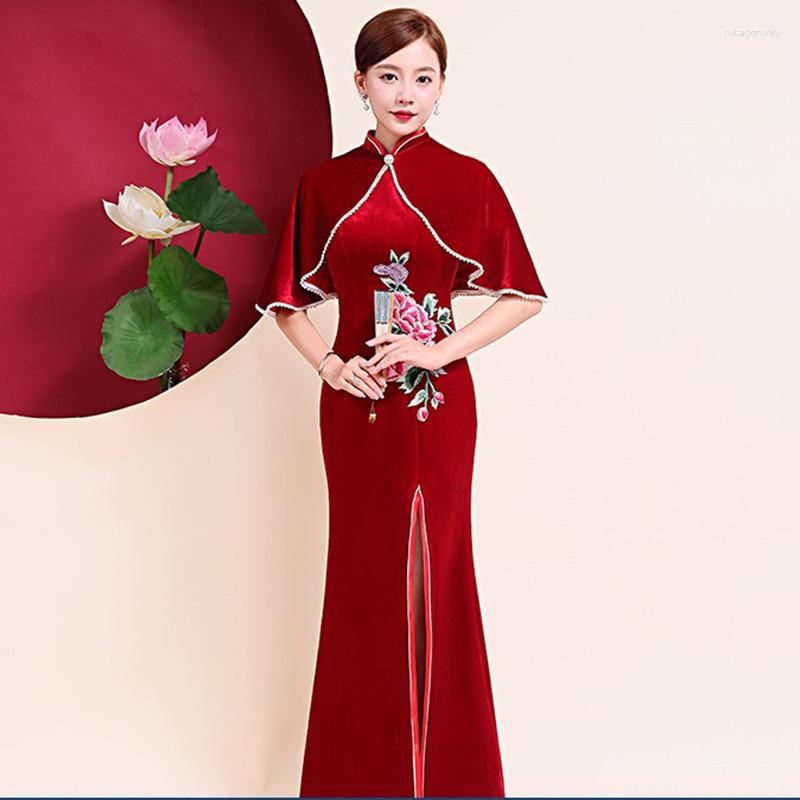 

Ethnic Clothing Novelty Velour Long Fork Cheongsam Women Wedding Evening Party Dress Short Sleeve Vintage Classic Button Skinny Qipao