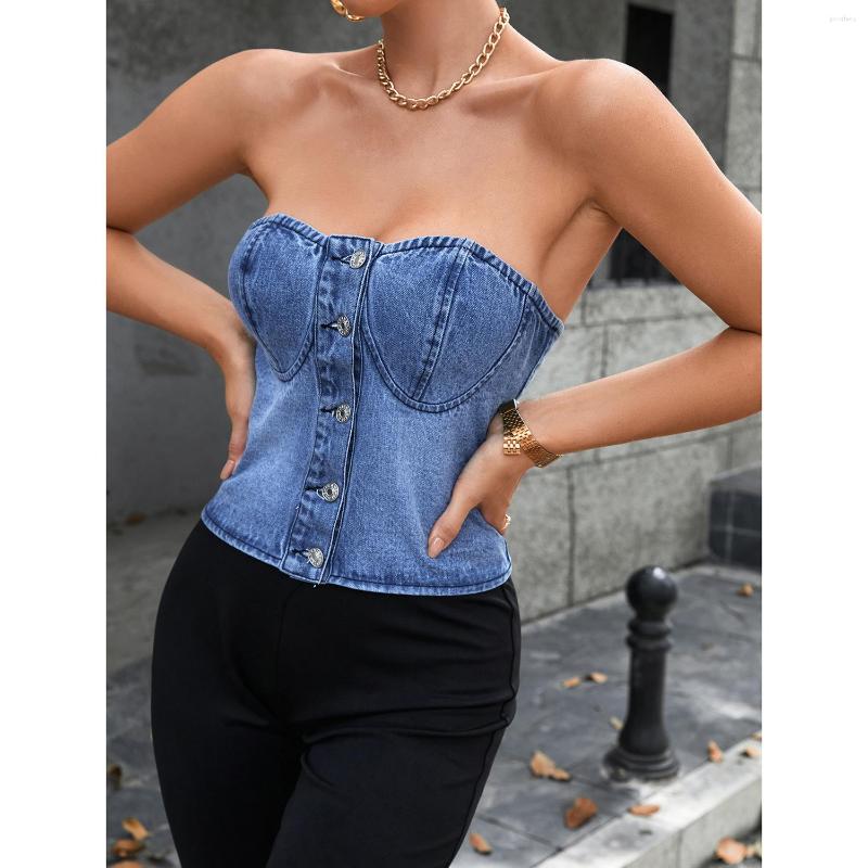 

Women's Tanks Women's Strapless Sexy Open Back Denim Tank Top, Blue