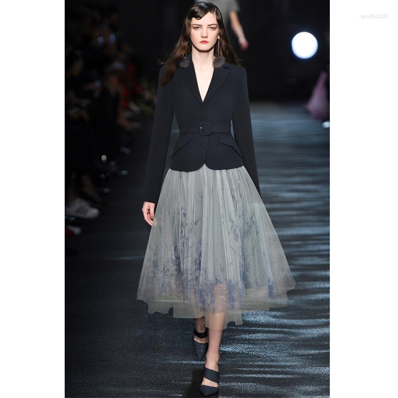 

Work Dresses Janeyiren Fashion Catwalk Spring Dress Set Women Lapel Long Sleeve Black Belt Blazer Gauze Print Skirt 2 Piece Maxi