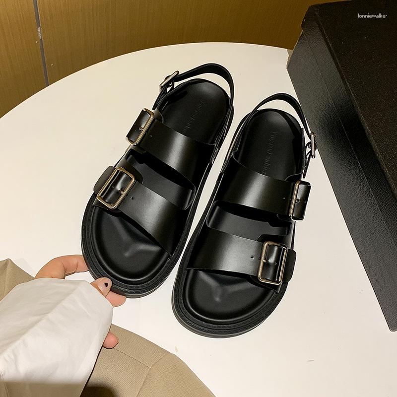 

Sandals Brand Flat Women's Summer Casual Non Slip Beach Shoes Open Toe Slotted Roman With Buckle, Black