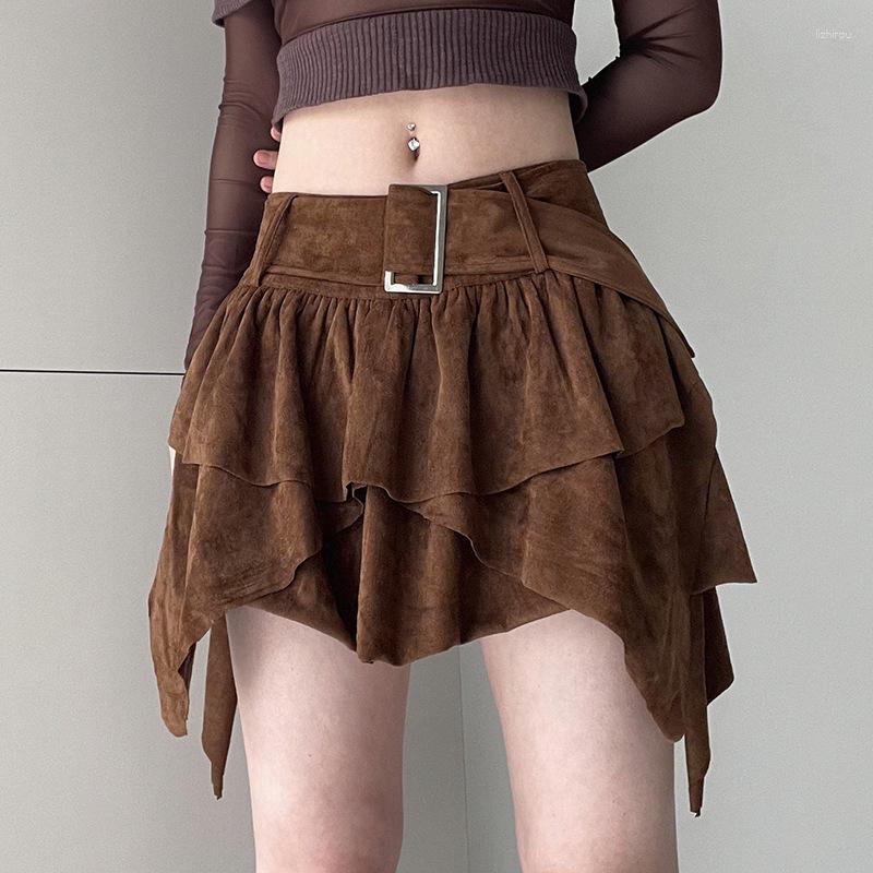 

Skirts Preppy Multilayer Vintage Girls Suede Fabric With Irregular Hem Slimming High Waist Women' A-line Skirt 2023 Summer, Brown