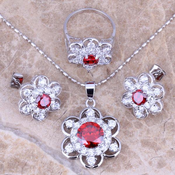 

Necklace Earrings Set Enchanting Red Garnet White CZ Silver Plated Pendant Ring Size 6 / 7 8 9 10 S0168, Picture shown