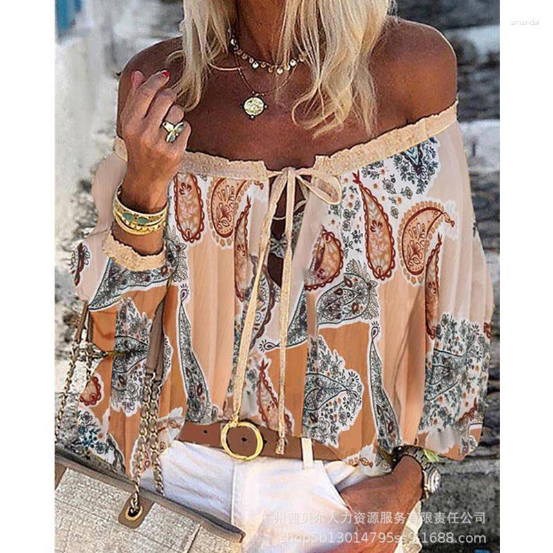 

Women' T Shirts Women Elegant Fashion Off Shoulder Chiffon Shirt Top Casual Long Lantern Sleeve Loose T-shirt Streetwear, Yellow