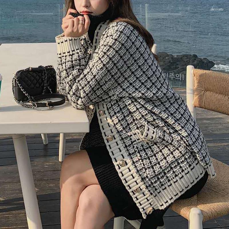 

Women's Knits A GIRLS Korean Loose Plaid Knitted Cardigans Sweater Women V-neck Long Sleeve Pocket Coat Ladies Streetwear Female Tops, Black