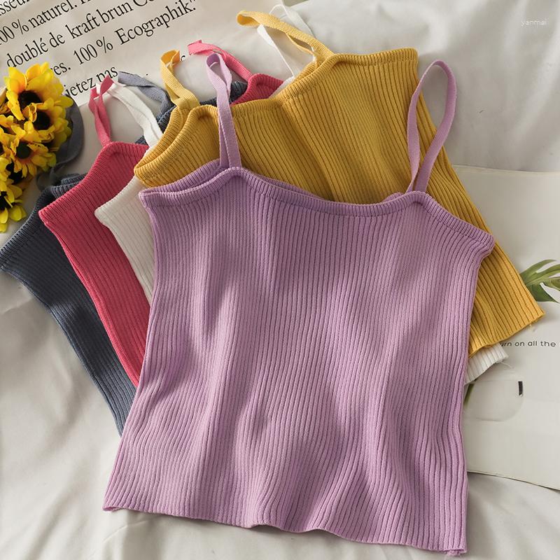 

Women's Tanks HELIAR Women Crop Tops Solid Button Spaghetti Candy Knitted Camis 2023 Summer Ruffled, White