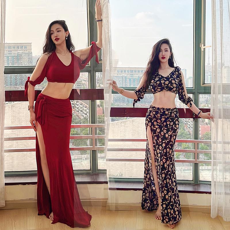 

Stage Wear Belly Dance Suit 2023 Practice Clothes Oriental Big Swing Skirt More Tops Master Fan Beginner Costumes, Modal wine red