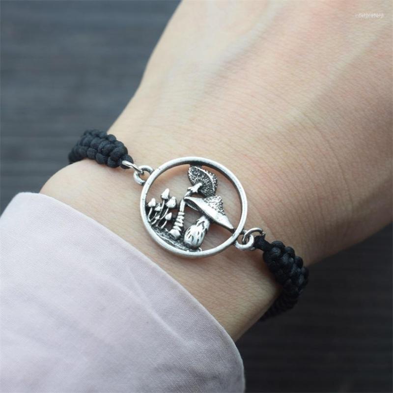

Link Bracelets Women Adjustable Braid Rope Vintage Alloy Mushroom Charms