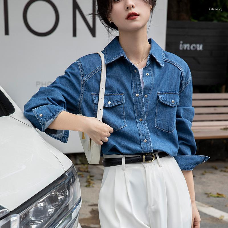 

Women's Blouses 2023 Korean Fashion Denim Shirts Office Lady Female Oversized Wild Women Spring Vintage Elegant Tops, Blue