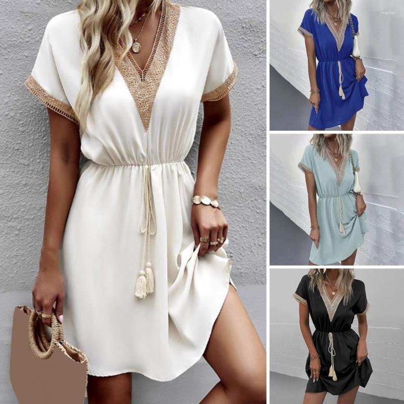

Casual Dresses Summer Dress Streetwear V-neck Short Sleeve Drawstring Tassel Elastic Waist Mini Elegant Lace Hollow Out A-line, Blue