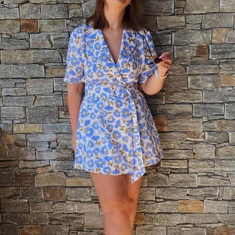 

Party Dresses BBWM 2023 Summer Rural Women Vintage Print V Neck Dress Female Slim Belt Single-Breasted Casual Mini, Multi