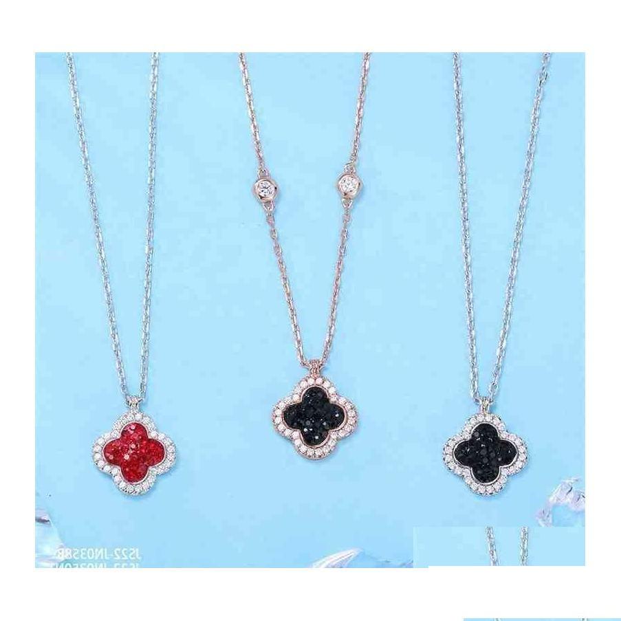 

Pendant Necklaces Trendy Girl Jewelry Rose Gold Choker 925 Sterling Sier Black Zircon Brand Four Leaf 4 Clover Neck Dh2Yl