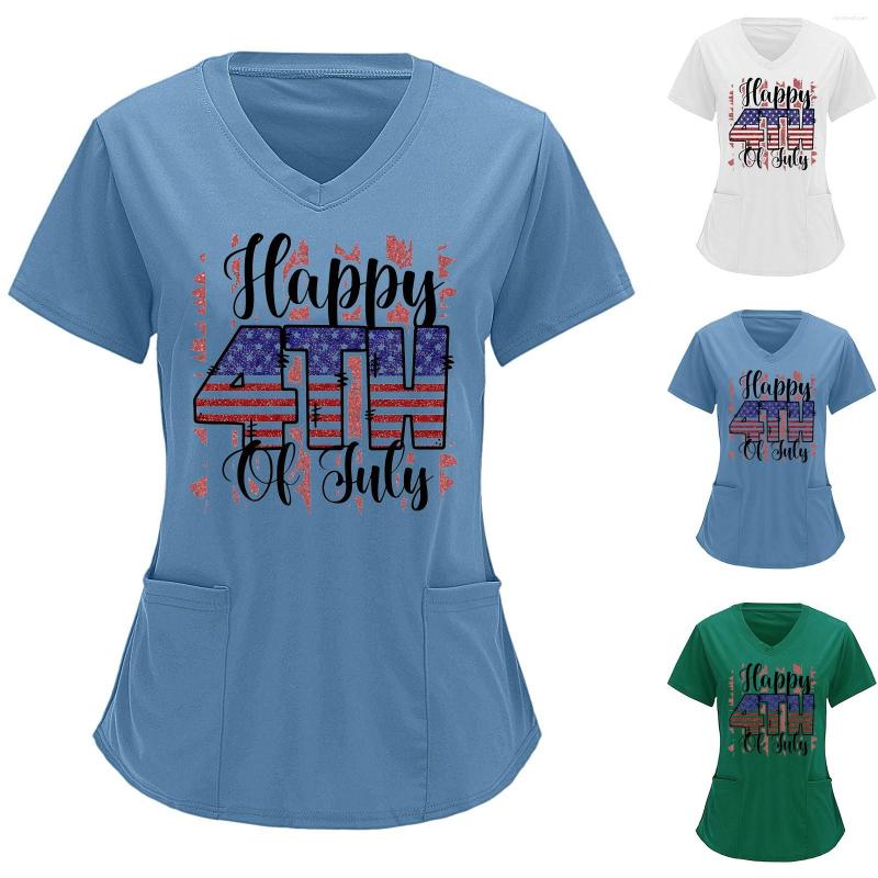 

Women' Blouses Women Flag Printing Independence Day Print Short Sleeve V Neck Solid Shirts Blouse Tops With Pockets Top, Green