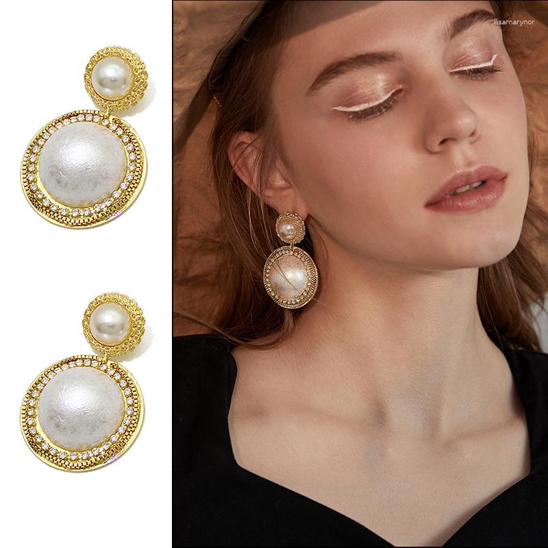 

Dangle Earrings Gold Color Big Pearl Drop Round Crystal Vintage For Women Elegant 2023 Trend Female Party Bride Jewelry