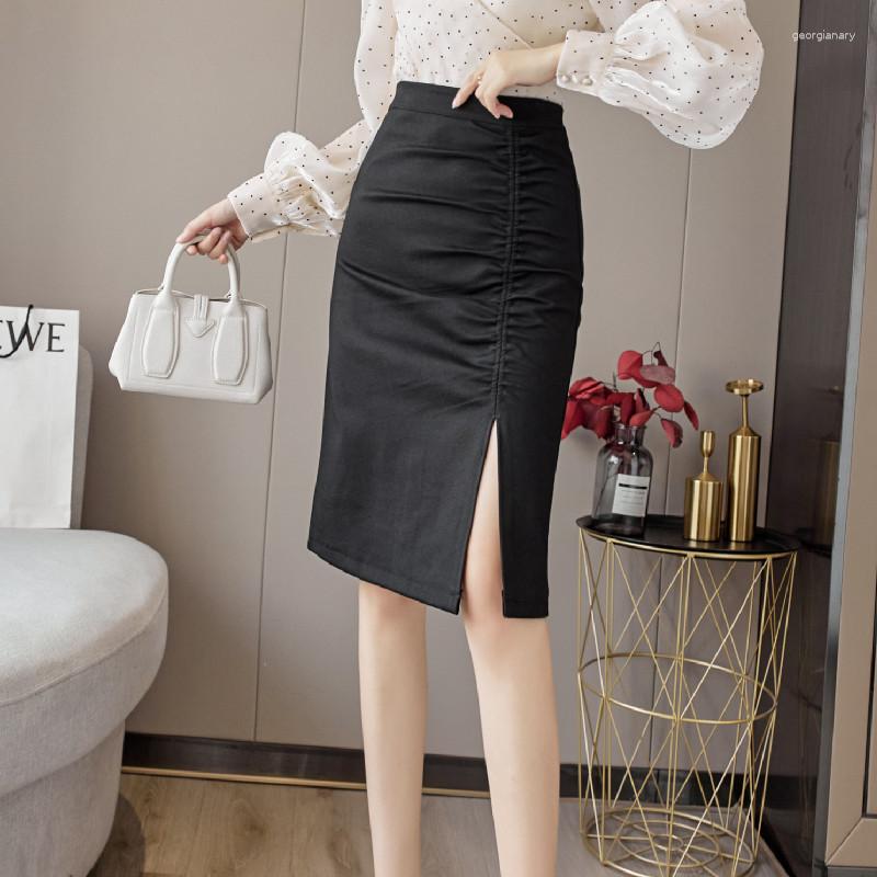 

Skirts Office Lady Elegant Folds Package Hip Fashion High Waist Side Slit Pencil Women Black Solid Formal Skirt Temperament
